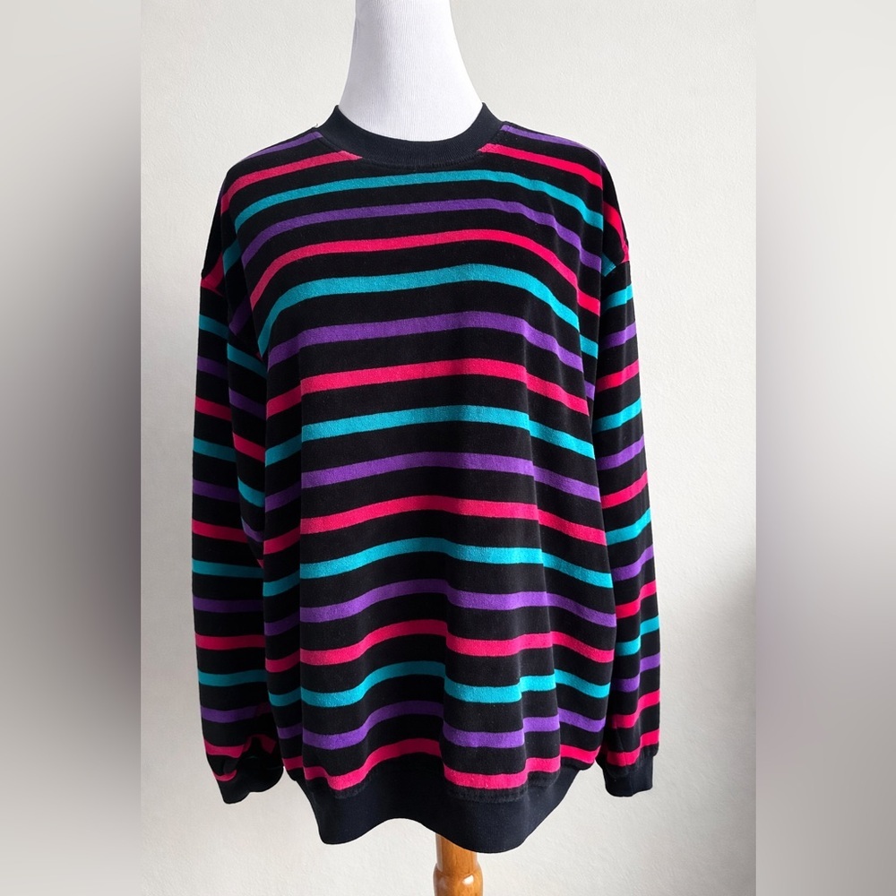 Vintage 80s/90s Velour Striped Crewneck Sweatshirt Black Teal Purple Pink 2X